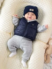 SHEIN 新生兒嬰兒3件套：連帽長袖套頭衛衣、冬季長褲、無袖背心 - 藏蓝色 - 查看 4