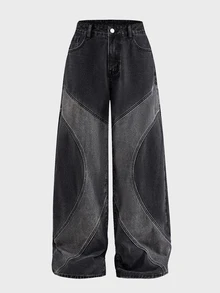 AXEPEAK Men's Patchwork Contrast Color Washed Black & Grey Vintage Long Pants - Multicolor - View 4