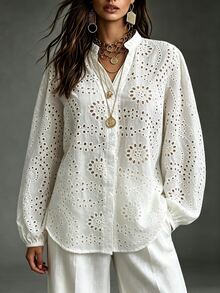 Trelyra Women's Fashion Casual Hollow Embroidery Long Sleeve Blouse - White - View 3