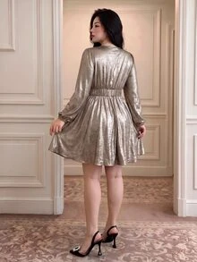 Vibekara Autumn Women's Metallic Luster Lace V-Neck Petal Sleeve High Waist Party Night Dress Black And Gold Elegant Sexy - Gold - View 6