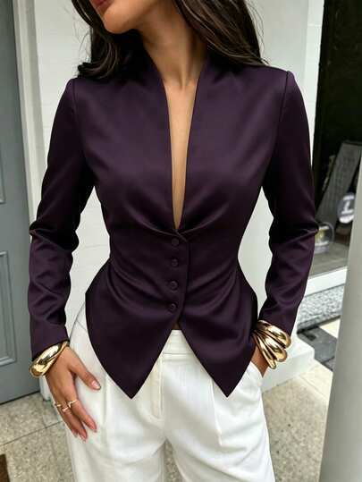 Pariaura Women's Fashion Stand Collar Cinched Waist Twisted Single-Breasted Peplum Hem Slim Fit Blazer, Spring/Autumn Commuter Elegant Mature Jacket, Suitable For Office, Commuting, Dating, Daily Wear, Business Gatherings