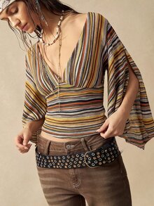 Bohemela Women's Vintage Brown Striped V-Neck T-Shirt With Split Flared Sleeves For Fall, Perfect For Vacations And Going Out - Multicolor - View 4