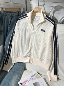 Comfortcana Plus Size Women's Casual Sporty Hollow Out Thin Jacket, Suitable For All Seasons Fall - Beige - View 7