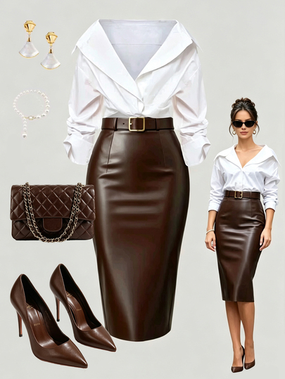 SHEIN 2026 Herbst/Winter französischer minimalistischer Off-Shoulder weißer Langarm-Bluse + Vintage Schokoladenbraunes PU-Leder-Rock Luxus Pendler-Zweiteiler-Set, bequemer Stoff, elegantes Damen-Winter-Outfit für Ausflüge, Pendeln, Dates, Treffen, Büro, Urlaub, formelle Kleidung