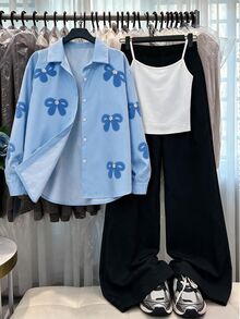 SHEIN 青少年女孩休閒度假戶外旅行通勤編織針織聚酯纖維校園派對數位印花蝴蝶結圖案翻領鈕扣長袖上衣白色背心黑色長褲時尚百搭返校春秋套裝 - 藍色 - 查看 1