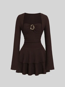 Sweetra Women's Elegant 2 Pieces Brown Knit Slim Fit Set With Metal Decoration - Coffee Brown - View 1
