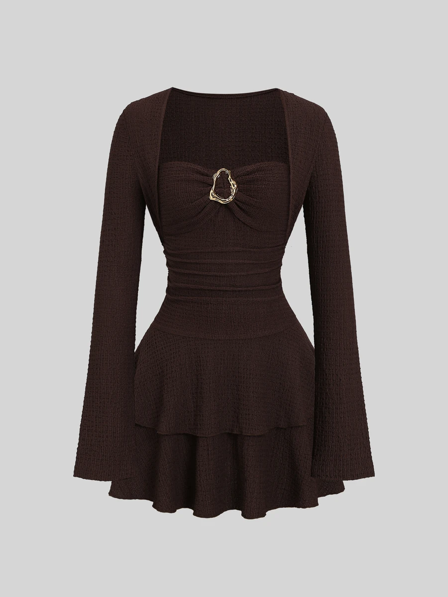 Sweetra Women's Elegant 2 Pieces Brown Knit Slim Fit Set With Metal Decoration - Coffee Brown - View 1