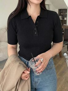 Dazy Plus Solid Color Half-Placket Fitted Casual Versatile Short Sleeve Knit Top, Spring/Autumn - Black - View 3