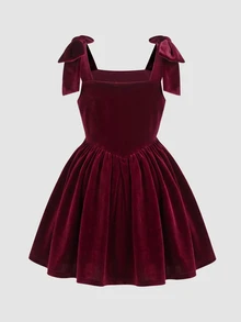 SHEIN 少女秋冬四季款酒紅色天鵝絨3D蝴蝶結裝飾收腰抓皺大裙擺公主洋裝，無袖，適合派對聚會、日常、萬聖節、聖誕節 - 酒紅色 - 查看 2