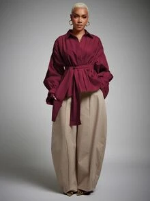 Vixey Two-Way Worn Solid Woven Pointed Collar Ruffle Cuff Button Down Blouse - Burgundy - View 1
