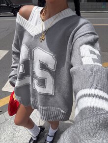 Muchica Suéter de mujer con patrón de números y patchwork de bloques de color gris claro - Gris Claro - Ver 3