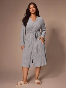 Lazeform Plus Size Women's Comfortable Casual Gray Brushed Ribbed Robe - Grey - View 3
