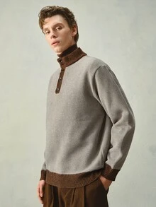 RONVEXI Men's Solid Color Thermal Lined Button Front Knit Pullover Sweater - Beige - View 3