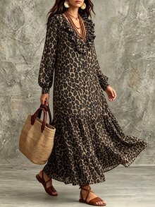 Linhara CURVE Plus Size Women's Spring/Autumn Vintage Vacation Leopard Print V-Neck Tie Bow Puff Lantern Sleeve Loose Slouchy Drape Slimming Print Cuffs Ruffle Hem Dress - Multicolor - View 3
