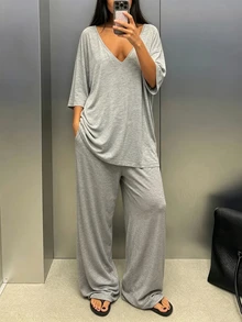 INAWLY Solva Women's Solid Color Deep V-Neck 3/4 Sleeve T-Shirt And Long Pants Casual 2-Piece Set - Grey - View 4