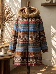 Rusticease Plus Size Women's Striped Long Sleeve Fur Collar Hooded Casual Jacket - Multicolor - View 7