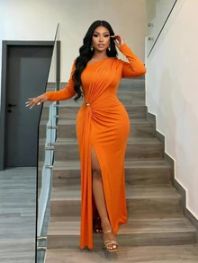 Brilight Mature Elegant Dress Long Sleeve Waist Twist Ruched Metal Buckle Draped Slit Formal Gown Wedding Dinner Cocktail Halloween Burnt Orange Fall - Orange - View 5