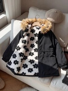 SHEIN 少女休閒花卉印花保暖內裡連帽派克夾克，秋冬返校穿搭 - 黑色 - 查看 11