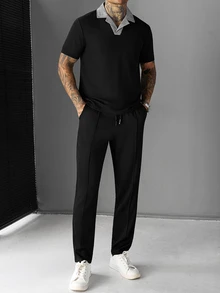 Manfinity CasualCool 男士夏季休閒格紋領 Polo 衫與長褲套裝 - 黑色 - 查看 3
