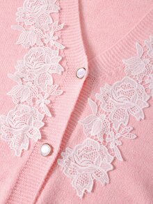 Easura Plus Size Gentle Style Lace Patchwork V-Neck Cardigan Winter - Pink - View 4