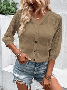 SHEIN Holidaya Casual Versatile Solid Color Cropped Cardigan - Mocha Brown - View 4