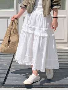 Dazy Plus Korean Style Elastic Waist A-Line White Casual Skirt For Girls, Spring Summer Autumn New Arrival - White - View 5