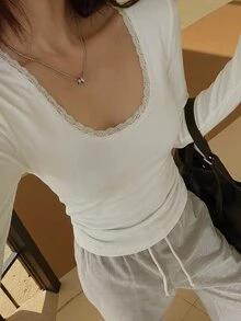 DAZY 女款蕾絲拼接休閒百搭日常穿著T恤 秋季 - 白色 - 查看 5