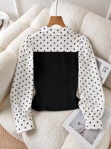 Casuvi Kids Tween Girls Chic Cute Elegant White And Black Polka Dot Blouse, Warm Contrast Colorblock Lapel Neck Pullover Shirt School Autumn - White - View 2