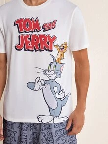 TOM & JERRY X SHEIN Men's Cartoon Print Short Sleeve T-Shirt And Pocket Shorts Set - White - View 5