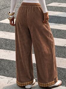 SHEIN EZwear Women's Loose Casual Daily Commute Long Pants, Autumn/Winter Brown Corduroy Plaid Colorblock Patchwork With Folded Hem, Elastic Waist With Drawstring - Brown - View 2