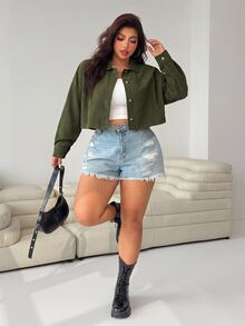 Solflare Women's Plus Size Solid Color Casual Versatile Daily Wear Long Sleeve Jacket - Army Green - View 3