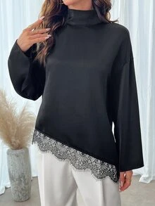 Balvessa Blus Lengan Panjang Wanita Elegan Warna Polos dengan Hiasan Renda dan Patchwork - Hitam - View 5