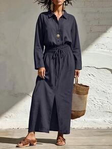 SHEIN Women's 100% Cotton Navy Collar Drawstring Waist Split Maxi Dress, Casual Dress For Spring Fall Casual Daily Wear - Navy Blue - View 3