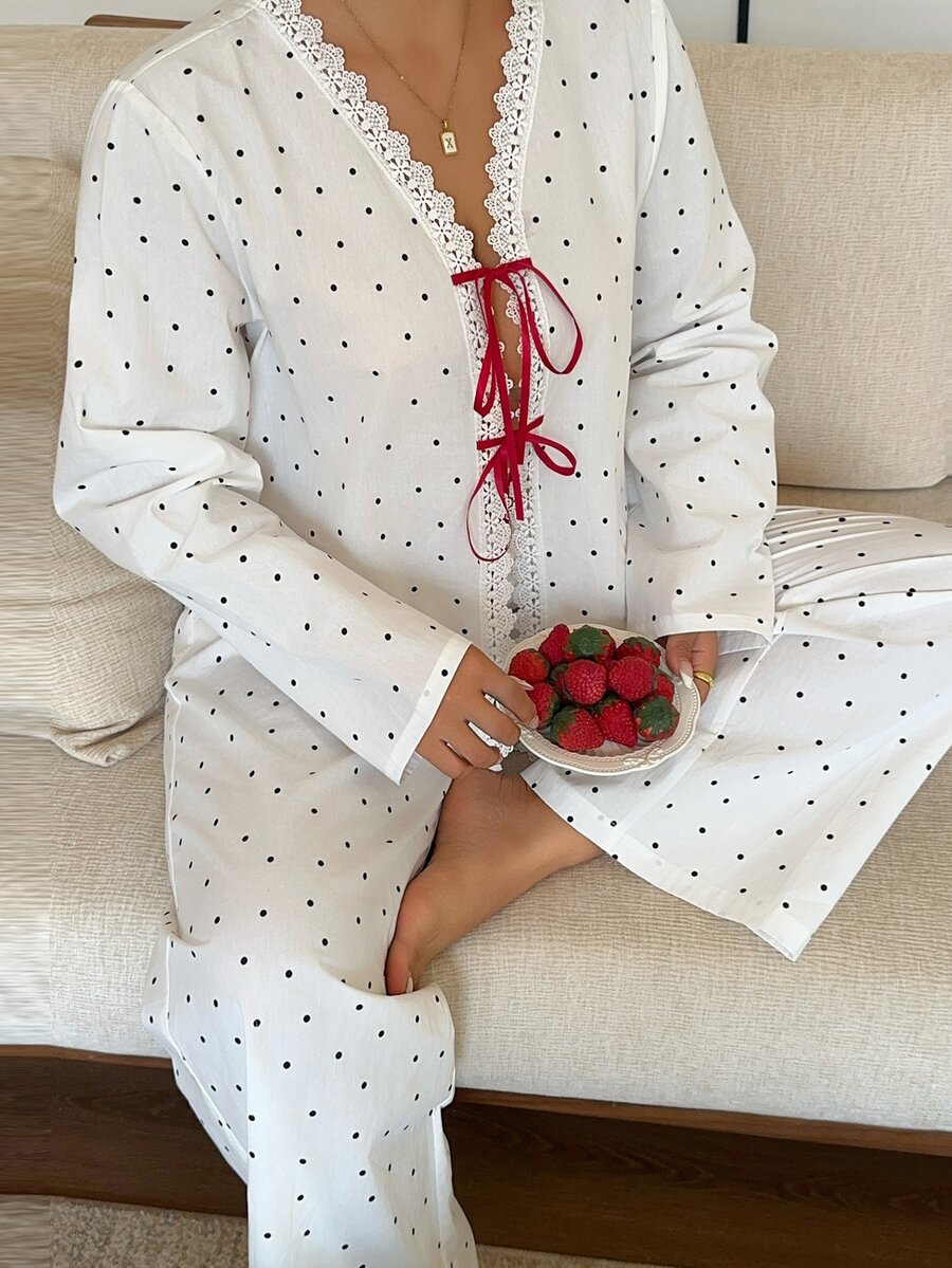 Dazy Plus Fashion Polka Dot Tie Top & Pants 2-Piece Set, White New Spring/Summer/Autumn Pajama Set - White - View 1