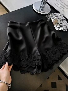 SHEIN Franclia Spring/Summer New Apricot Satin High-Waist Elegant Women's Daily Commute Lace Trim Shorts - Black - View 1