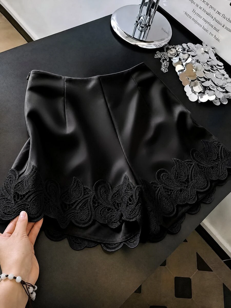 SHEIN Franclia Spring/Summer New Apricot Satin High-Waist Elegant Women's Daily Commute Lace Trim Shorts - Black - View 1
