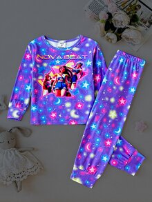 SHEIN 女童圓領短袖短褲套裝 夢幻女團星形圖案印花 甜美酷感童趣風 針織彈性布料 舒適柔軟高彈力貼身 紫色 UV光感螢光 2件組居家休閒睡衣 - 紫色 - 查看 9