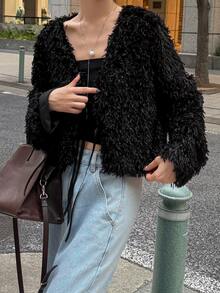 FRIFUL Women's Solid Color Front Tie Short Faux Fur Jacket - Apricot - View 2