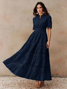 Anewsta Solid Color Elegant Lace Patchwork Round Neck Waist-Cinching Hollow Crochet Short Sleeve Flared Women's Dress - Navy Blue - View 4
