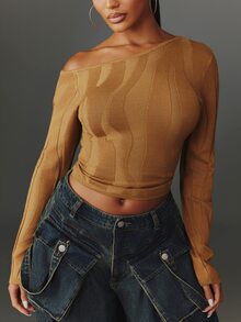 NYA SZN 女款純色不對稱肩休閒百搭針織上衣 - 駝色 - 查看 6