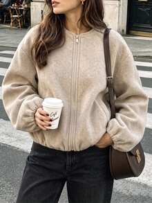 Pariaura Women's Khaki Fall/Winter Crew Neck Zip Drop-Shoulder Crop Jacket,Long-Sleeve Pocket Hem Cinched Short Top,Chic Occasion Wear For Daily Outing Commute - Brown - View 1