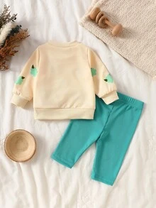 SHEIN 新生女嬰休閒甜美3D花朵衛衣與羅紋長褲套裝 - 綠色 - 查看 2