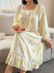 Dazy Plus Romantic Sweet Ditsy Floral Ruffle Trim Square Neck Long Nightgown, Spring/Autumn New Style - Yellow - View 1