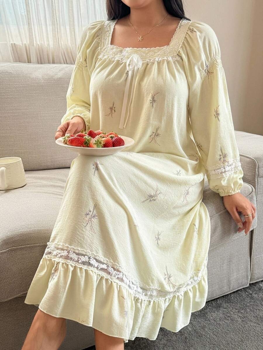 Dazy Plus Romantic Sweet Ditsy Floral Ruffle Trim Square Neck Long Nightgown, Spring/Autumn New Style - Yellow - View 1