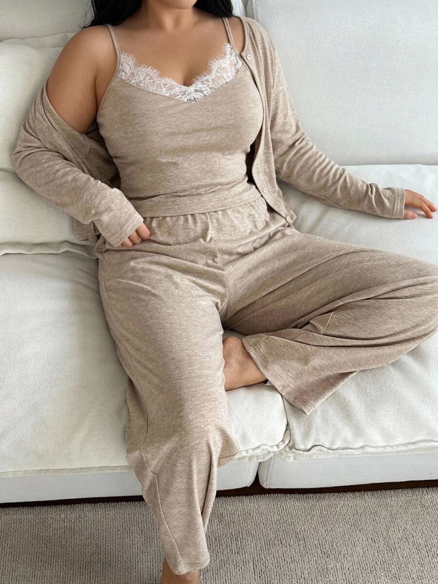 Dazy Plus Korean Style Casual Loungewear 3 Pieces Set With Long Pants, Spring/Autumn New Pajama Set - Khaki - View 1