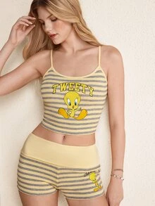LOONEY TUNES X SHEIN Setelan 2 Potong Atasan Camisole Crop Bergaris dan Celana Pendek untuk Wanita - Kuning muda - View 1