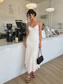 Firerie Women's Summer Elegant Polka Dot Print Spaghetti Strap Dress - White - View 5