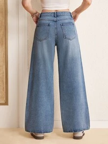 TOM & JERRY X SHEIN Women's Cartoon Pattern Wide Leg Loose Casual Denim Jeans With Pockets - Blue - View 2