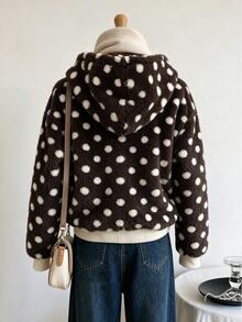 SHEIN 女童棕色波點圖案休閒厚抓絨長袖拉鍊夾克，秋冬款 - 棕色 - 查看 2
