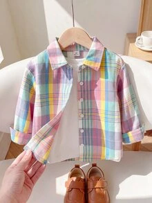 SHEIN Playful Pals 女童多色格紋休閒仙氣運動風極簡時尚優雅韓系開襟長袖襯衫上衣 春秋旅行 嬰兒粉 - 彩色 - 查看 9